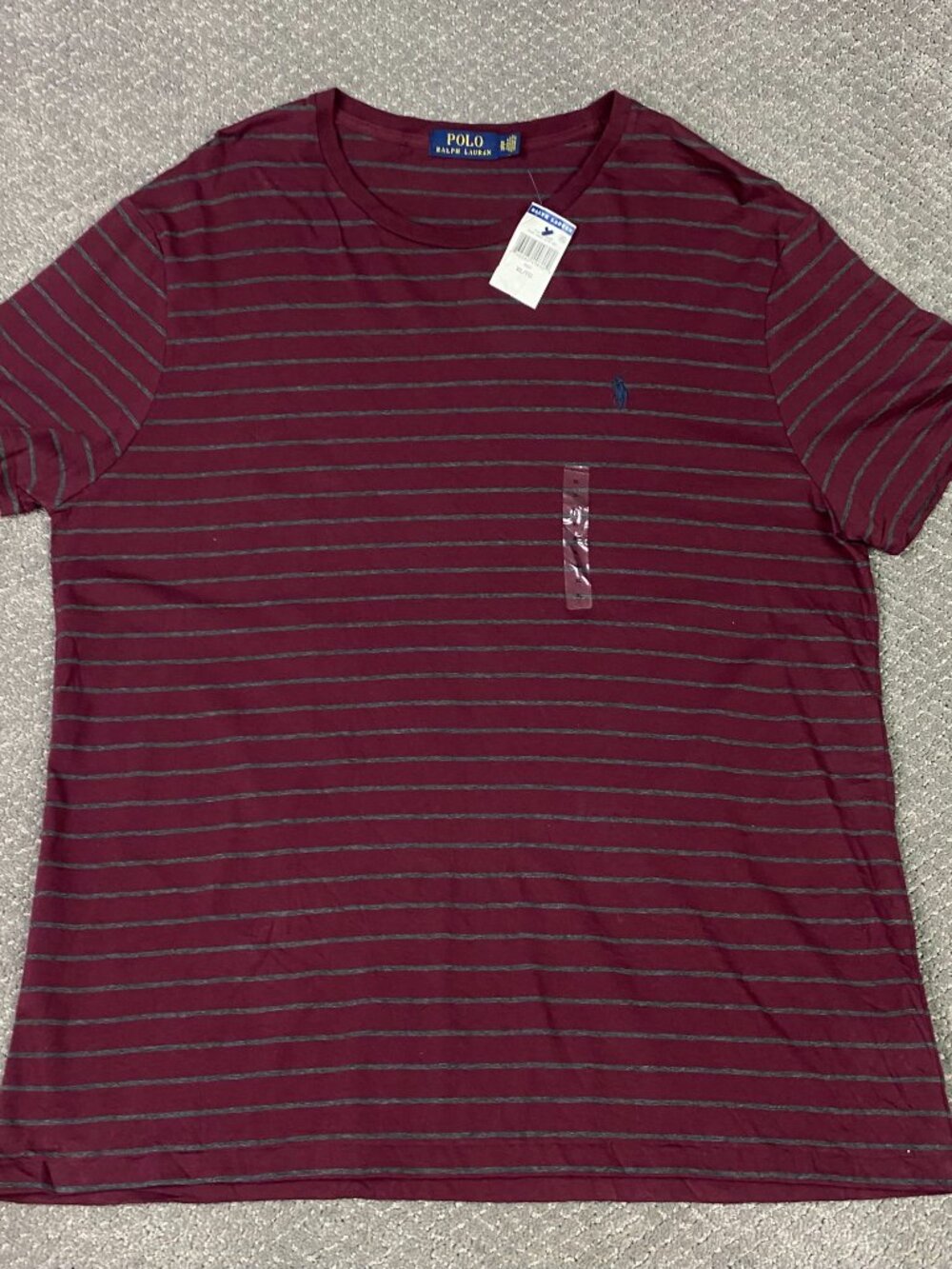 Polo Ralph Lauren Striped T Shirt Mens XL Burgundy Gray Cotton NEW NWT Crewneck